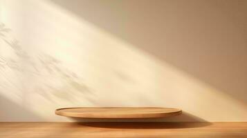 ai gerado esvaziar minimalista natural madeira mesa, lindo madeira grão dentro luz solar, sombra em bege parede, 3d produtos exibição fundo foto