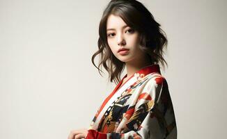 ai gerado retrato do jovem japonês fêmea modelo vestindo quimono posando graciosamente, estúdio foto, isolado branco fundo foto