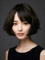 ai gerado retrato do lindo japonês mulher com curto prumo corte de cabelo, isolado branco fundo, ai generativo foto