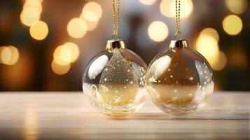 ai gerado 3d Renderização do vidro Natal lâmpadas com bokeh fundo, Natal enfeites em Natal árvore com ouro e branco luzes foto