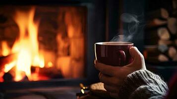 ai gerado fechar-se foto do uma copo do quente café perto a Natal lareira, uma homem relaxante perto uma caloroso fogo com uma copo do beber dentro inverno, Natal feriado conceito