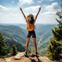 ai gerado feliz jovem mulher com braços elevado às a topo do a montanha, bem sucedido alpinista a comemorar sucesso às a topo do a montanha foto