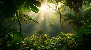 ai gerado uma brilhante manhã dentro uma tropical floresta com luz solar brilhando através entre a folhas, plantas este prosperar sem ar poluição foto