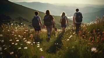 ai gerado uma grupo do jovem pessoas caminhando juntos escalada uma montanha dentro verão, caminhando através a Relva e flores em uma lindo colina, foto ocupado a partir de atrás