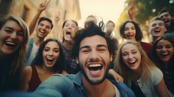 ai gerado jovem universidade pessoas rindo juntos dentro frente do a Câmera, grupo do feliz amigos tendo Diversão levando selfie fotos com inteligente telefones