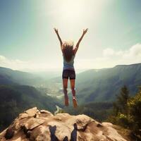 ai gerado feliz jovem mulher com braços elevado pulando em montanha pico, bem sucedido alpinista a comemorar sucesso em montanha pico, caminhada estilo de vida conceito em floresta trilha foto