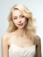 ai gerado fechar acima do lindo japonês mulher dentro feminino vestir com Loiras cabelo, isolado branco fundo, ai generativo foto