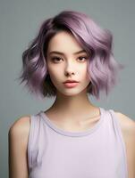 ai gerado retrato do lindo jovem japonês mulher com curto ondulado roxa cabelo em isolado branco fundo, ai generativo foto