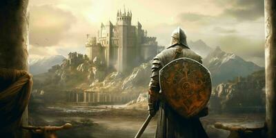 ai gerado uma medieval Guerreiro com uma majestoso castelo dentro frente do ele. generativo ai foto