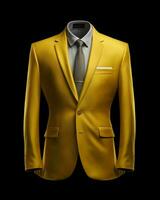 ai gerado elegante amarelo masculino terno isolado em Preto fundo. generativo ai foto