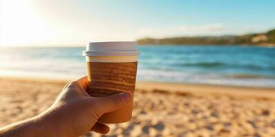 ai gerado uma pessoa mão segurando uma papel café copo com de praia visualizar. generativo ai foto