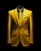 ai gerado elegante amarelo masculino terno isolado em Preto fundo. generativo ai foto