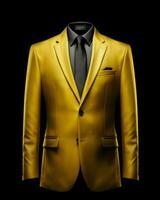 ai gerado elegante amarelo masculino terno isolado em Preto fundo. generativo ai foto