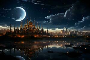 ai gerado elegante mesquita ilustração às noite com grande lua e fantasia céu. generativo ai foto