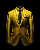 ai gerado elegante amarelo masculino terno isolado em Preto fundo. generativo ai foto