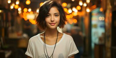 ai gerado retrato do fofa e jovem curto cabelo ásia mulher com borrado cafeteria fundo. generativo ai foto