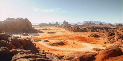 ai gerado uma grande, árido deserto com azul céus. rochoso deserto panorama. generativo ai foto