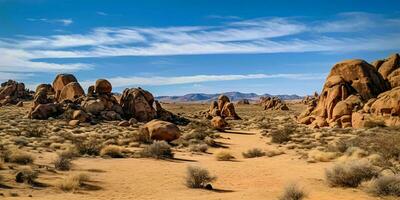 ai gerado uma grande, árido deserto com azul céus. rochoso deserto panorama. generativo ai foto