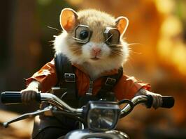 ai gerado fofa pequeno hamster equitação uma motocicleta. generativo ai foto