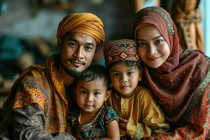 ai gerado retrato do uma feliz ásia muçulmano família dentro tradicional roupas. generativo ai foto
