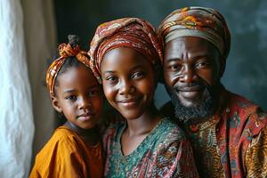 ai gerado retrato do uma feliz africano muçulmano família dentro tradicional roupas. generativo ai foto