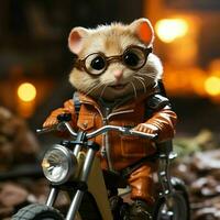 ai gerado fofa pequeno hamster equitação uma motocicleta. generativo ai foto