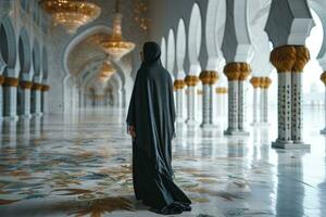 ai gerado muslimah com Niqab anda em dentro a luxuoso interior do uma mesquita. muçulmano mulheres às mesquita. generativo ai foto