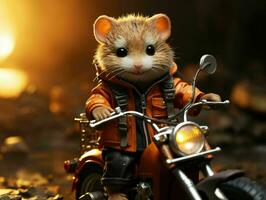 ai gerado fofa pequeno hamster equitação uma motocicleta. generativo ai foto