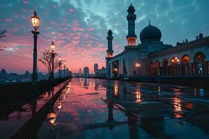 ai gerado uma magnífico mesquita com uma lindo céu Visão às pôr do sol. generativo ai foto