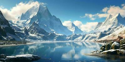 ai gerado ilustração do uma ampla Nevado montanha panorama com uma lago abaixo. inverno montanhas. generativo ai foto