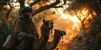 ai gerado meio Oriental homem com dele camelos dentro a deserto às pôr do sol. generativo ai foto