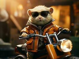 ai gerado fofa pequeno hamster equitação uma motocicleta. generativo ai foto