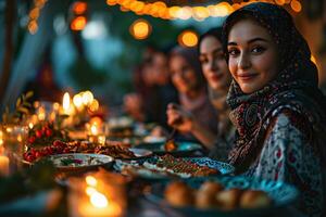 ai gerado árabe muçulmano mulheres reunir juntos durante Ramadã com delicioso pratos em a mesa. iftar jantar. generativo ai foto