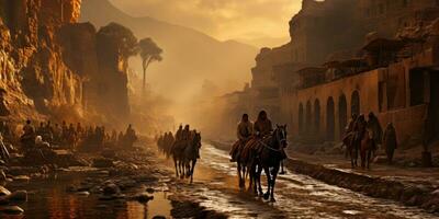 ai gerado árabe pessoas fazendo uma grandes viagem em pé e a cavalo. generativo ai foto