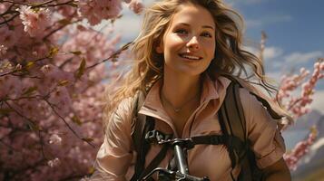 ai gerado lindo e feliz jovem mulher viajando dentro natureza com dela mochila. generativo ai foto