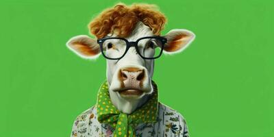 ai gerado retrato do legal e engraçado vaca vestindo óculos dentro estúdio fundo. generativo ai foto