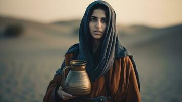 ai gerado retrato do lindo árabe mulher com surpreendente olhos dentro a deserto. meio Oriental mulher. generativo ai foto