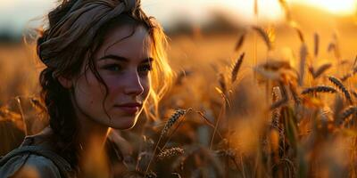 ai gerado lindo meio Oriental mulher com sardento face, vestindo lenço de cabeça dentro trigo campo com brilhando luz solar efeito. generativo ai foto