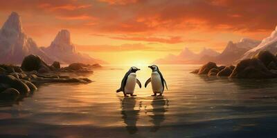 ai gerado uma par do pinguins apreciar a beleza do a de praia às crepúsculo. pinguim casal. generativo ai foto