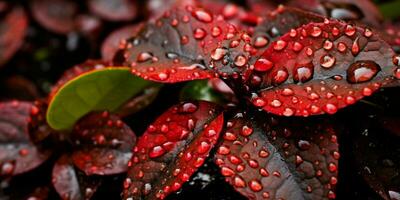 ai gerado fresco vermelho folhas com água gotas. fechar acima do folha com pingos de chuva. generativo ai foto