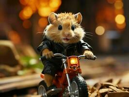 ai gerado fofa pequeno hamster equitação uma motocicleta. generativo ai foto