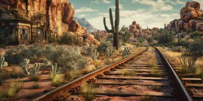 ai gerado oxidado Ferrovia rastrear em ocidental deserto. abandonado trem acompanhar. generativo ai foto