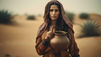 ai gerado retrato do lindo árabe mulher com surpreendente olhos dentro a deserto. meio Oriental mulher. generativo ai foto