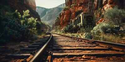 ai gerado oxidado Ferrovia rastrear em ocidental deserto. abandonado trem acompanhar. generativo ai foto