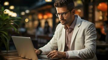 ai gerado médico trabalho em computador portátil vestindo laboratório casaco dentro café fazer compras. cientistas trabalhos dentro frente do computador. generativo ai foto