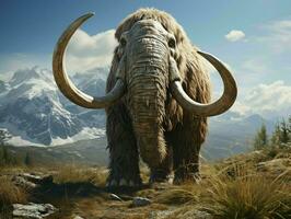 ai gerado uma lanoso mamute com grande pastagens e montanhas fundo. generativo ai foto