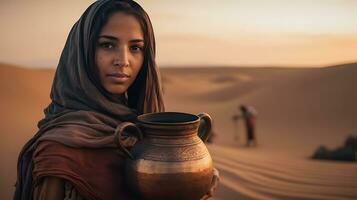 ai gerado retrato do lindo árabe mulher com surpreendente olhos dentro a deserto. meio Oriental mulher. generativo ai foto