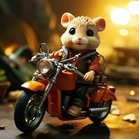 ai gerado fofa pequeno hamster equitação uma motocicleta. generativo ai foto