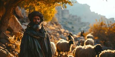 ai gerado uma meio Oriental homem manadas uma rebanho do ovelha dentro uma deserto vale às pôr do sol. generativo ai foto