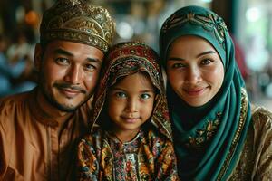 ai gerado retrato do uma feliz ásia muçulmano família dentro tradicional roupas. generativo ai foto